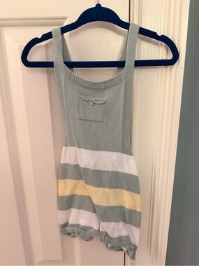 Kids Striped Knit One-Piece Romper in Sage, White & Yellow 9M